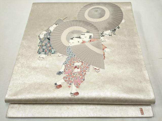 平和屋着物●加賀友禅の巨匠 初代 由水十久 西陣 長嶋成織物 ながしま帯 太鼓柄袋帯 童子 傘 瀞銀錦 正絹 逸品 CABB5931hy