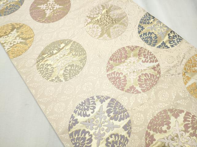 アイボリー 正絹(一部銀糸) 花唐草に丸文 古典文様 六通柄 袋帯 美品 平和屋着物○六通柄袋帯 唐織 小葵臥蝶丸文 金銀糸