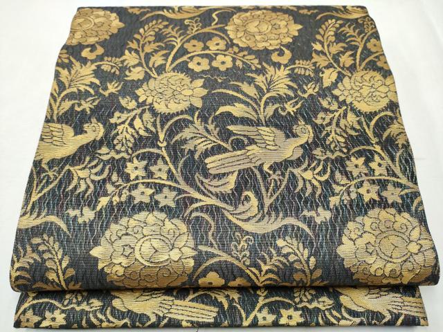 平和屋着物▽全通柄袋帯 スリーシーズン 春夏秋 かげろう織 花鳥文 金糸 正絹 逸品 未使用 CABB5935hy