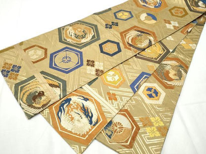 平和屋着物●アンティーク　大正ロマン　丸帯　唐織　雲龍　亀甲花文　金糸　正絹　逸品　CABB5957hy