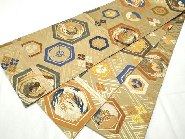 平和屋着物●アンティーク　大正ロマン　丸帯　唐織　雲龍　亀甲花文　金糸　正絹　逸品　CABB5957hy