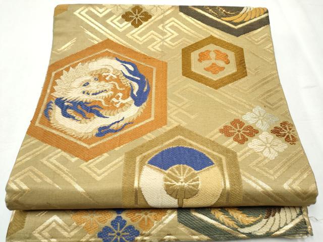 平和屋着物●アンティーク　大正ロマン　丸帯　唐織　雲龍　亀甲花文　金糸　正絹　逸品　CABB5957hy