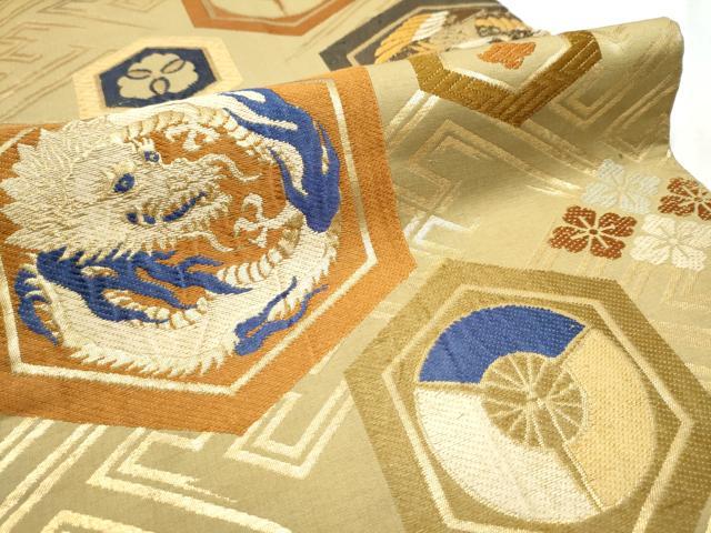 平和屋着物●アンティーク　大正ロマン　丸帯　唐織　雲龍　亀甲花文　金糸　正絹　逸品　CABB5957hy