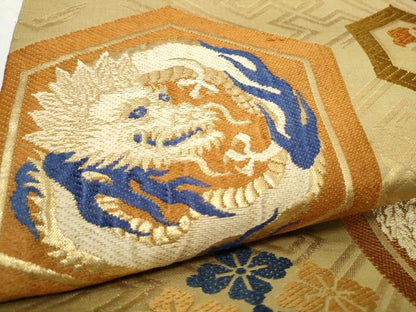 平和屋着物●アンティーク　大正ロマン　丸帯　唐織　雲龍　亀甲花文　金糸　正絹　逸品　CABB5957hy
