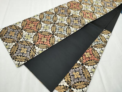 平和屋着物●六通柄袋帯　瑞祥唐織　花丸文　黒地　金糸　正絹　逸品　CABB5960hy