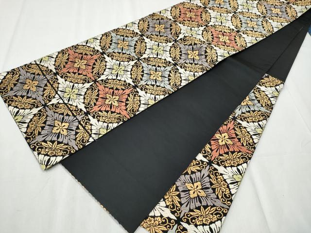 平和屋着物●六通柄袋帯　瑞祥唐織　花丸文　黒地　金糸　正絹　逸品　CABB5960hy