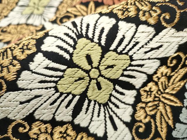 平和屋着物●六通柄袋帯　瑞祥唐織　花丸文　黒地　金糸　正絹　逸品　CABB5960hy