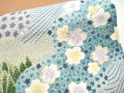 平和屋着物●中国三大刺繍　相良刺繍　太鼓柄袋帯　絞り　流水舞桜文　銀通し地　やまと誂製　正絹　逸品　CABB5989hy