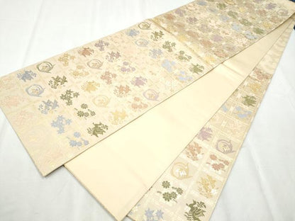 平和屋着物●六通柄袋帯　唐織　新小石丸　市松花鳥文　金糸　正絹　逸品　CABB5992hy