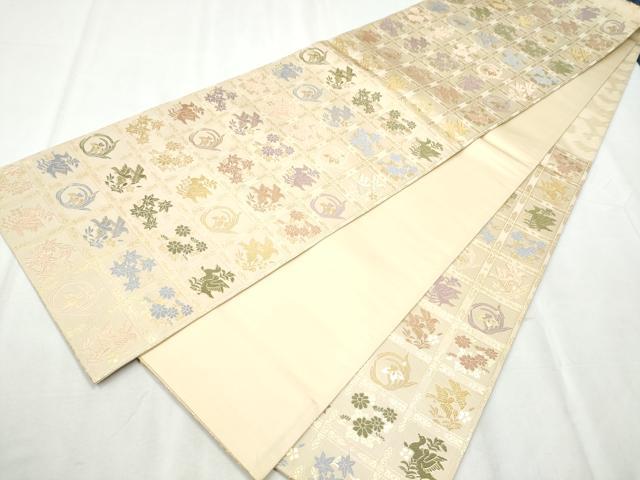 平和屋着物●六通柄袋帯　唐織　新小石丸　市松花鳥文　金糸　正絹　逸品　CABB5992hy