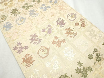 平和屋着物●六通柄袋帯　唐織　新小石丸　市松花鳥文　金糸　正絹　逸品　CABB5992hy