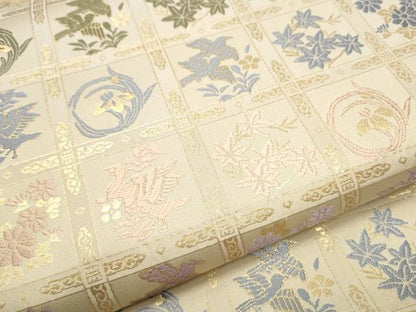 平和屋着物●六通柄袋帯　唐織　新小石丸　市松花鳥文　金糸　正絹　逸品　CABB5992hy