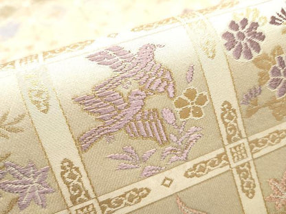 平和屋着物●六通柄袋帯　唐織　新小石丸　市松花鳥文　金糸　正絹　逸品　CABB5992hy