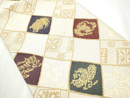 平和屋着物●両面　全通柄袋帯　金華山　天女　動物菱文　金糸　正絹　逸品　未使用　CABB5993hy