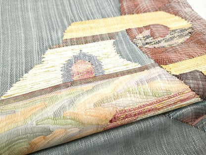 平和屋着物▽太鼓柄袋帯　スリーシーズン　春夏秋　すくい織　幾何学文様　金糸　正絹　逸品　CABB5996hy