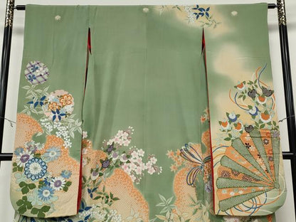 平和屋着物●アンティーク　大正ロマン　振袖　刺繍　几帳草花尽くし　金銀彩　正絹　逸品　CABB6002ut