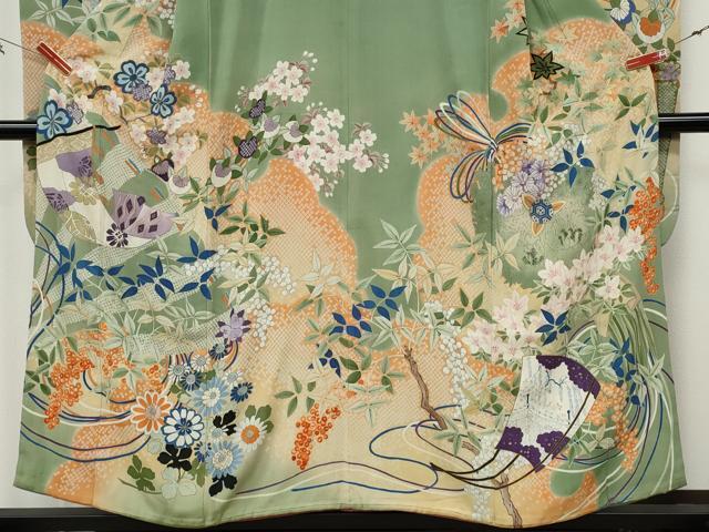 平和屋着物●アンティーク　大正ロマン　振袖　刺繍　几帳草花尽くし　金銀彩　正絹　逸品　CABB6002ut