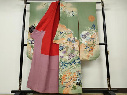 平和屋着物●アンティーク　大正ロマン　振袖　刺繍　几帳草花尽くし　金銀彩　正絹　逸品　CABB6002ut