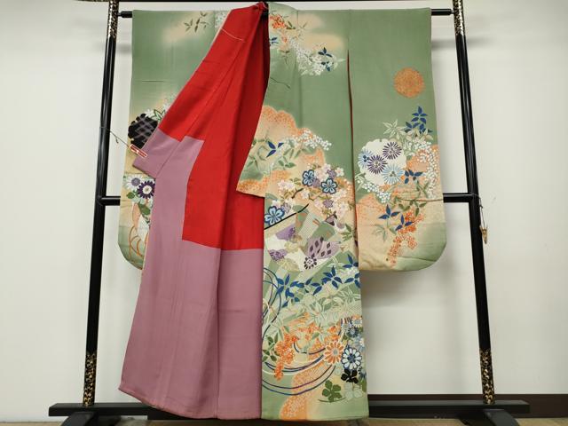 平和屋着物●アンティーク　大正ロマン　振袖　刺繍　几帳草花尽くし　金銀彩　正絹　逸品　CABB6002ut