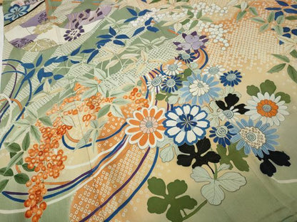 平和屋着物●アンティーク　大正ロマン　振袖　刺繍　几帳草花尽くし　金銀彩　正絹　逸品　CABB6002ut