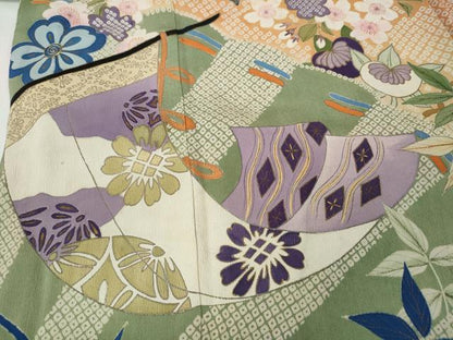 平和屋着物●アンティーク　大正ロマン　振袖　刺繍　几帳草花尽くし　金銀彩　正絹　逸品　CABB6002ut