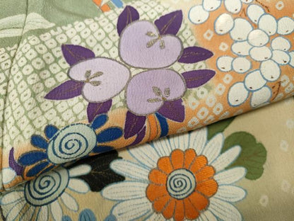 平和屋着物●アンティーク　大正ロマン　振袖　刺繍　几帳草花尽くし　金銀彩　正絹　逸品　CABB6002ut