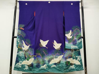 平和屋着物●アンティーク　大正ロマン　振袖　手描き　刺繍　立波飛鶴松文　正絹　逸品　CABB6007ut