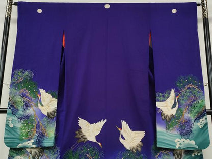 平和屋着物●アンティーク　大正ロマン　振袖　手描き　刺繍　立波飛鶴松文　正絹　逸品　CABB6007ut