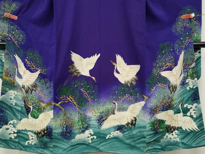 平和屋着物●アンティーク　大正ロマン　振袖　手描き　刺繍　立波飛鶴松文　正絹　逸品　CABB6007ut
