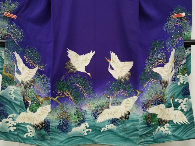 平和屋着物●アンティーク　大正ロマン　振袖　手描き　刺繍　立波飛鶴松文　正絹　逸品　CABB6007ut