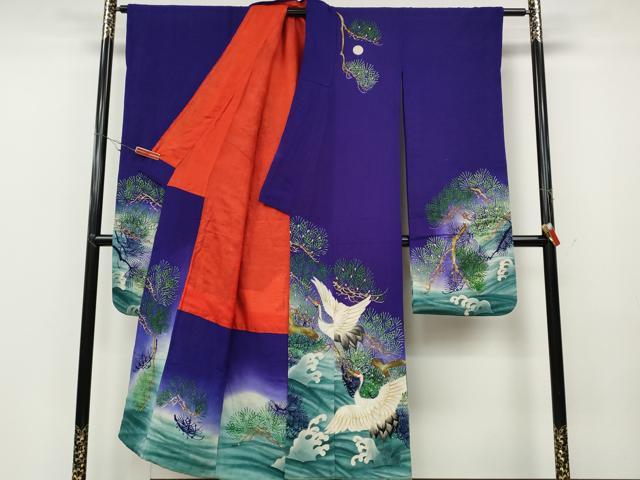 平和屋着物●アンティーク　大正ロマン　振袖　手描き　刺繍　立波飛鶴松文　正絹　逸品　CABB6007ut