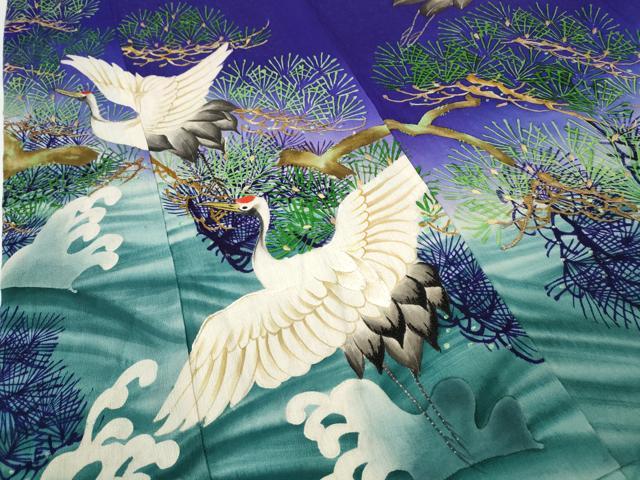 平和屋着物●アンティーク　大正ロマン　振袖　手描き　刺繍　立波飛鶴松文　正絹　逸品　CABB6007ut