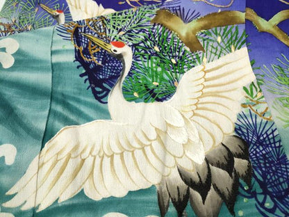 平和屋着物●アンティーク　大正ロマン　振袖　手描き　刺繍　立波飛鶴松文　正絹　逸品　CABB6007ut