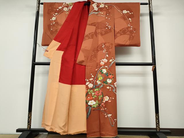 平和屋着物●アンティーク　大正ロマン　訪問着　手描き　刺繍　枝花文　正絹　逸品　CABB6008ut 平和屋着物○アンティーク 大正ロマン 訪問着 手描き 刺繍 枝花文 正絹