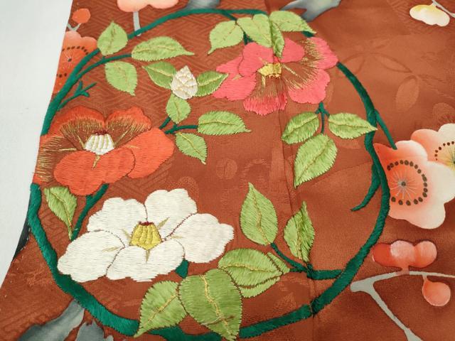 平和屋着物●アンティーク　大正ロマン　訪問着　手描き　刺繍　枝花文　正絹　逸品　CABB6008ut 平和屋着物○アンティーク 大正ロマン 訪問着 手描き 刺繍 枝花文 正絹