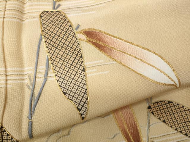 平和屋着物●訪問着　手描き　駒刺繍　枝葉文　金彩　伊と幸　反端付き　ロング丈　正絹　逸品　CABB6065ut 平和屋着物○訪問着 手描き 駒刺繍 枝葉文 金彩 伊と幸 反