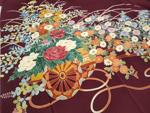 平和屋着物●豪華色留袖　刺繍　花車文　金糸　鬼しぼ縮緬　正絹　逸品　CABB6068ut 平和屋着物○豪華色留袖 刺繍 花車文 金糸 鬼しぼ縮緬 正絹 逸品