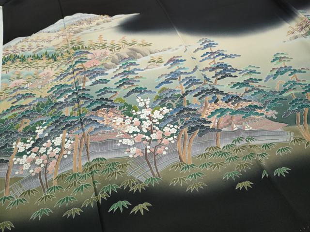 平和屋着物○十日町友禅作家 阿部佳雪 黒留袖 風景草花文 暈