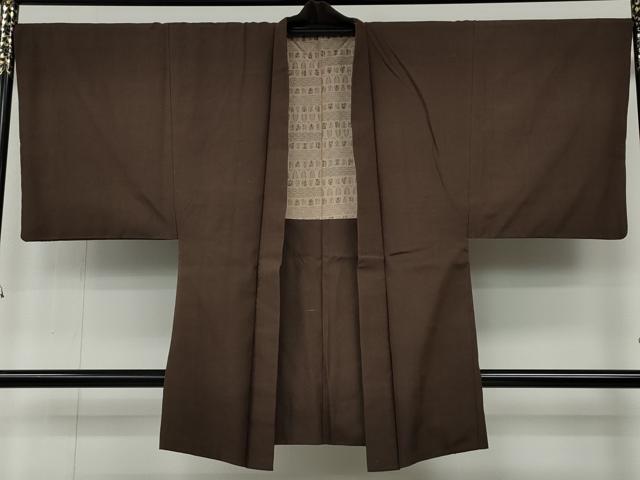 平和屋着物●男性　紬　羽織セット　着物：銀煤竹色　羽織：憲法色　正絹　逸品　CABB6089ut