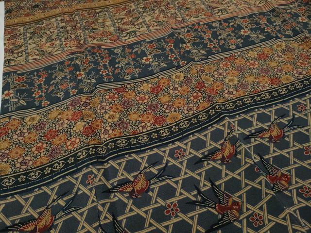 平和屋着物●訪問着　型染め　横段飛鳥草花文　鬼しぼ縮緬　正絹　逸品　CABB6094ut 平和屋着物○訪問着 型染め 横段飛鳥草花文 鬼しぼ縮緬