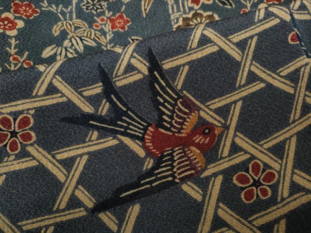 平和屋着物●訪問着　型染め　横段飛鳥草花文　鬼しぼ縮緬　正絹　逸品　CABB6094ut 平和屋着物○訪問着 型染め 横段飛鳥草花文 鬼しぼ縮緬