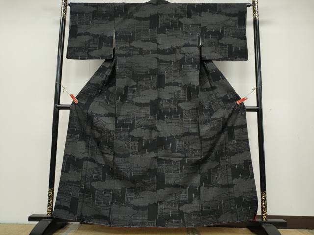 平和屋着物●結城紬　80亀甲　雲重ね風景文　正絹　逸品　未使用　CABB6168ut