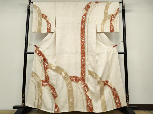 平和屋着物●訪問着　駒刺繍　杢目絞り　枝花文　金彩　正絹　逸品　CABB6176ut