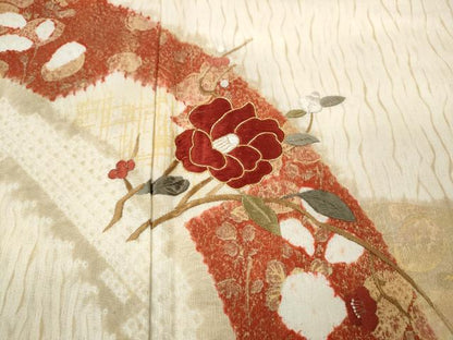 平和屋着物●訪問着　駒刺繍　杢目絞り　枝花文　金彩　正絹　逸品　CABB6176ut