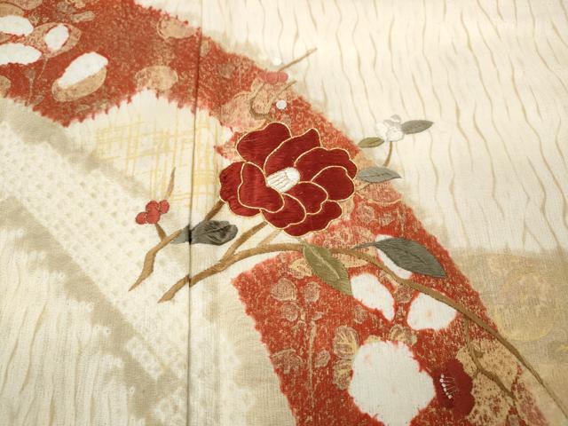 平和屋着物●訪問着　駒刺繍　杢目絞り　枝花文　金彩　正絹　逸品　CABB6176ut