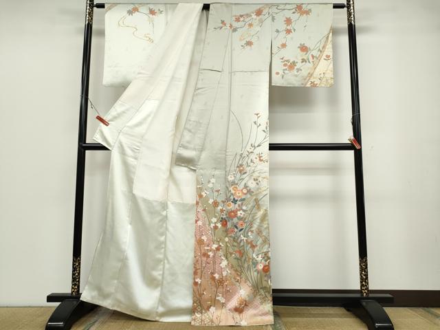 平和屋着物●訪問着　紬地　手描き　流水草花籬文　正絹　逸品　DAAZ7157ud 平和屋着物○訪問着 紬地 手描き 流水草花籬文 正絹 逸品 DAAZ7157ud