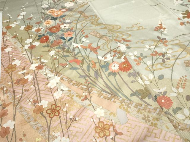 ［3115］訪問着 扇枝花エ霞文 駒刺繍 金彩 正絹 着物 袷 3115］訪問着 扇枝花エ霞文 駒刺繍 金彩 正絹 着物 袷 - メルカリ