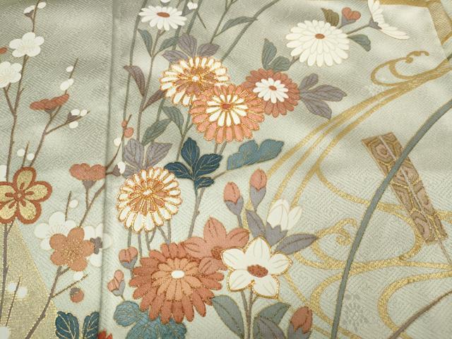 平和屋着物○訪問着 駒刺繍 流水扇草花文 暈し染め 金彩