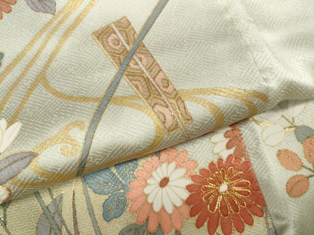 平和屋着物○訪問着 駒刺繍 流水扇草花文 暈し染め 金彩