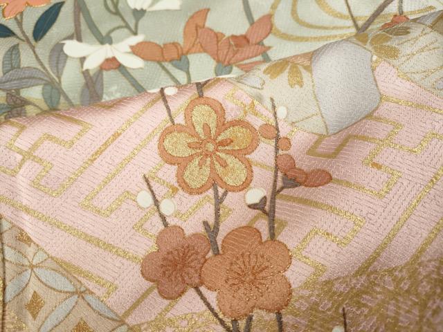 平和屋着物○訪問着 駒刺繍 流水扇草花文 暈し染め 金彩